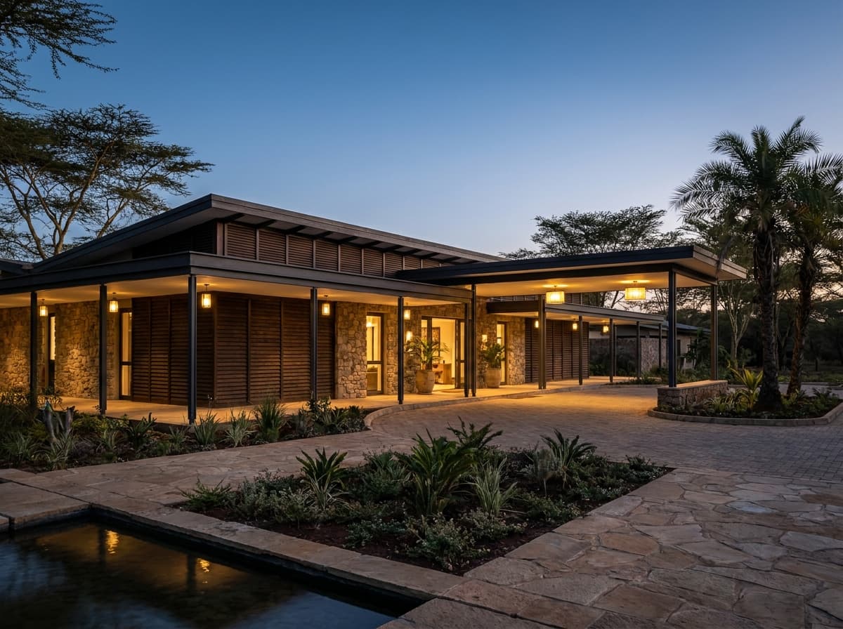 A boutique hospitality building with a deep shaded veranda and natural stone cladding