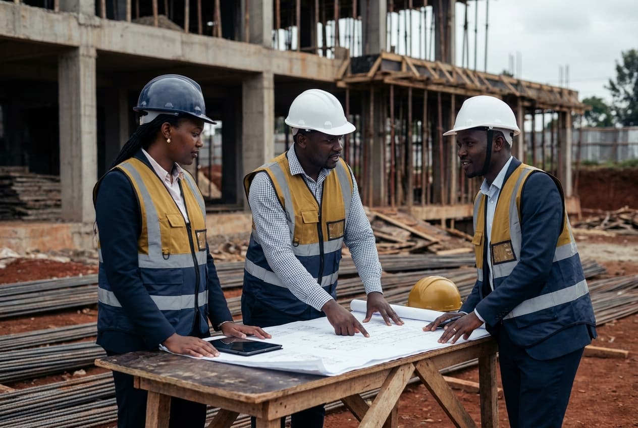 Project management professionals reviewing drawings together on an active construction site